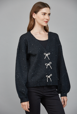 Rhinestone Bow Mixed Yarn Cardigan