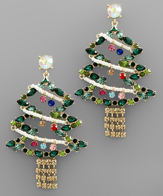 Rhinestone Beaded Christmas Tree Earrings