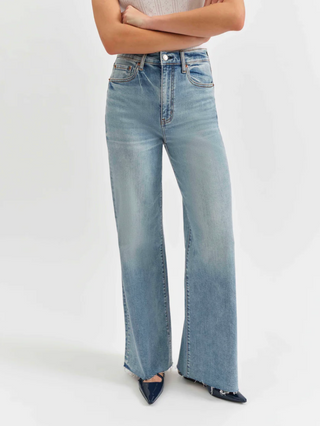Far Out High Rise Wide Leg Denim in Fools Gold