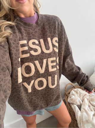 Leopard Print Jesus Loves You Crewneck