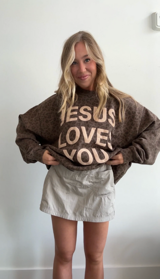 Leopard Print Jesus Loves You Crewneck