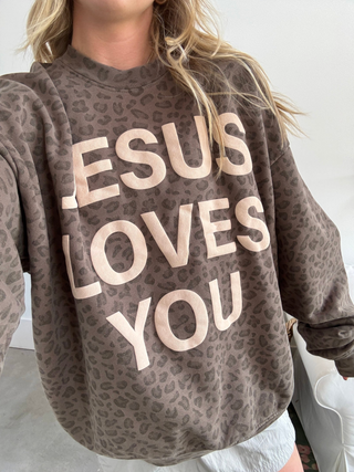 Leopard Print Jesus Loves You Crewneck