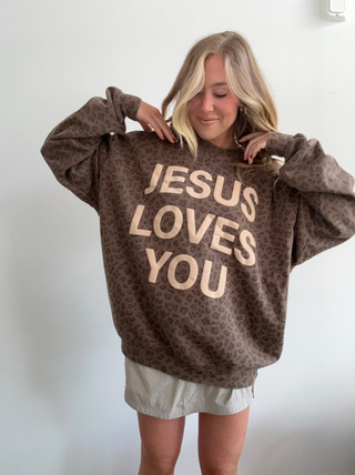 Leopard Print Jesus Loves You Crewneck