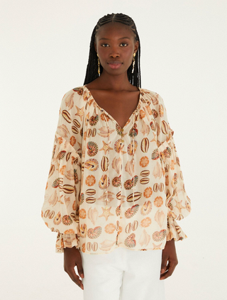 Sand Marine Shells Beaded Ties Blouse