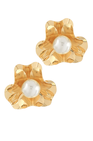 Gold Pearl Flower Statement Earrings